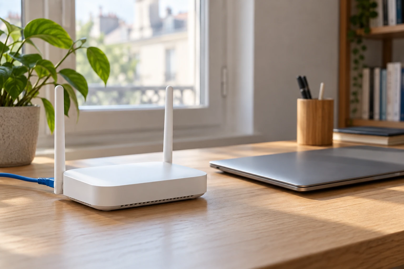 Routeur Wi‑Fi blanc avec câble Ethernet sur bureau en bois, ordinateur portable fermé