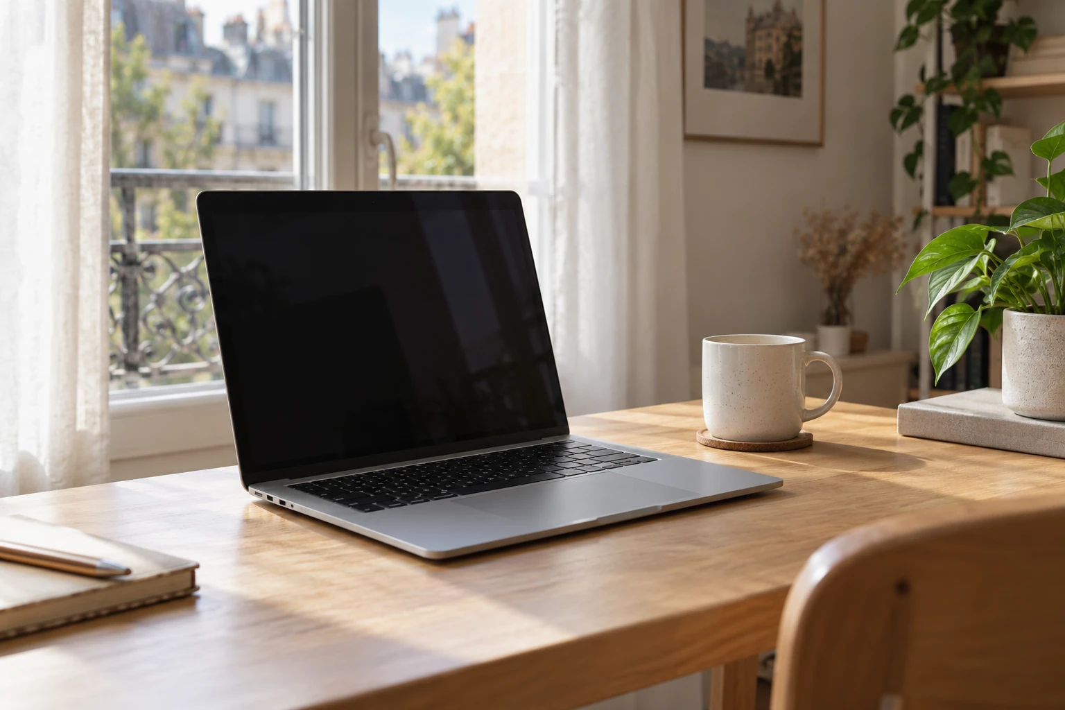 Ordinateur portable fermé partiellement sur bureau en bois, tasse et plante près de la fenêtre