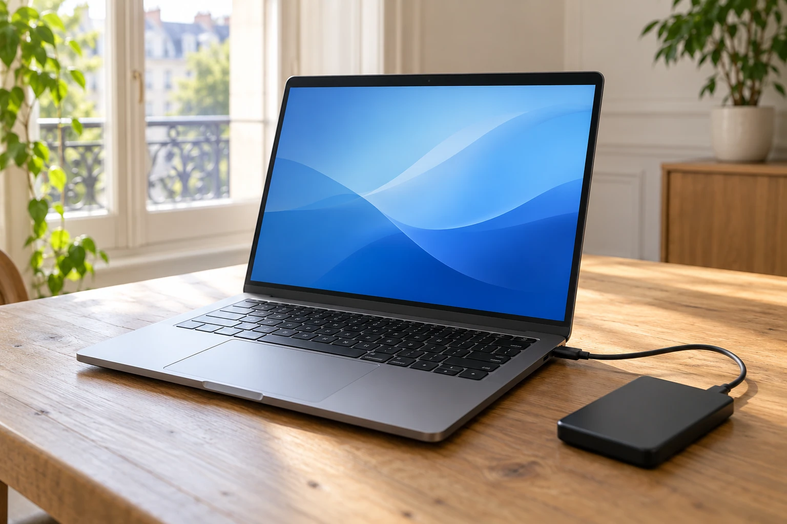 Ordinateur portable allumé sur bureau en bois, disque dur externe connecté, lumière naturelle