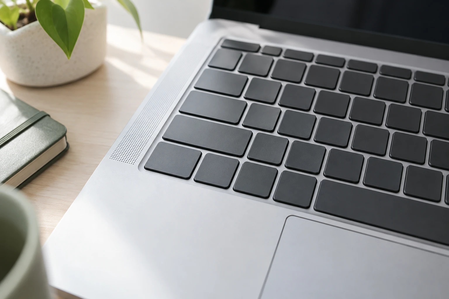Clavier d’ordinateur portable gris clair avec touches noires, carnet et plante en arrière-plan lumineux